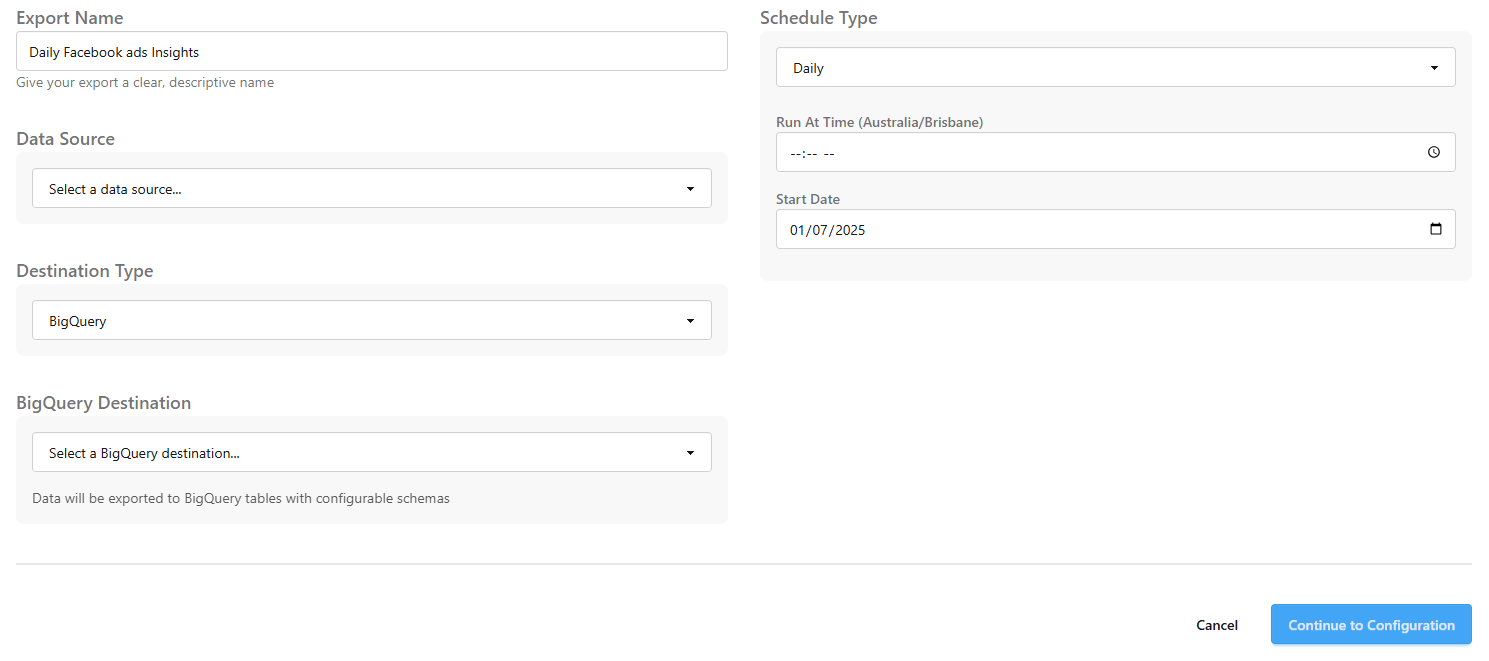 Facebook export to BigQuery